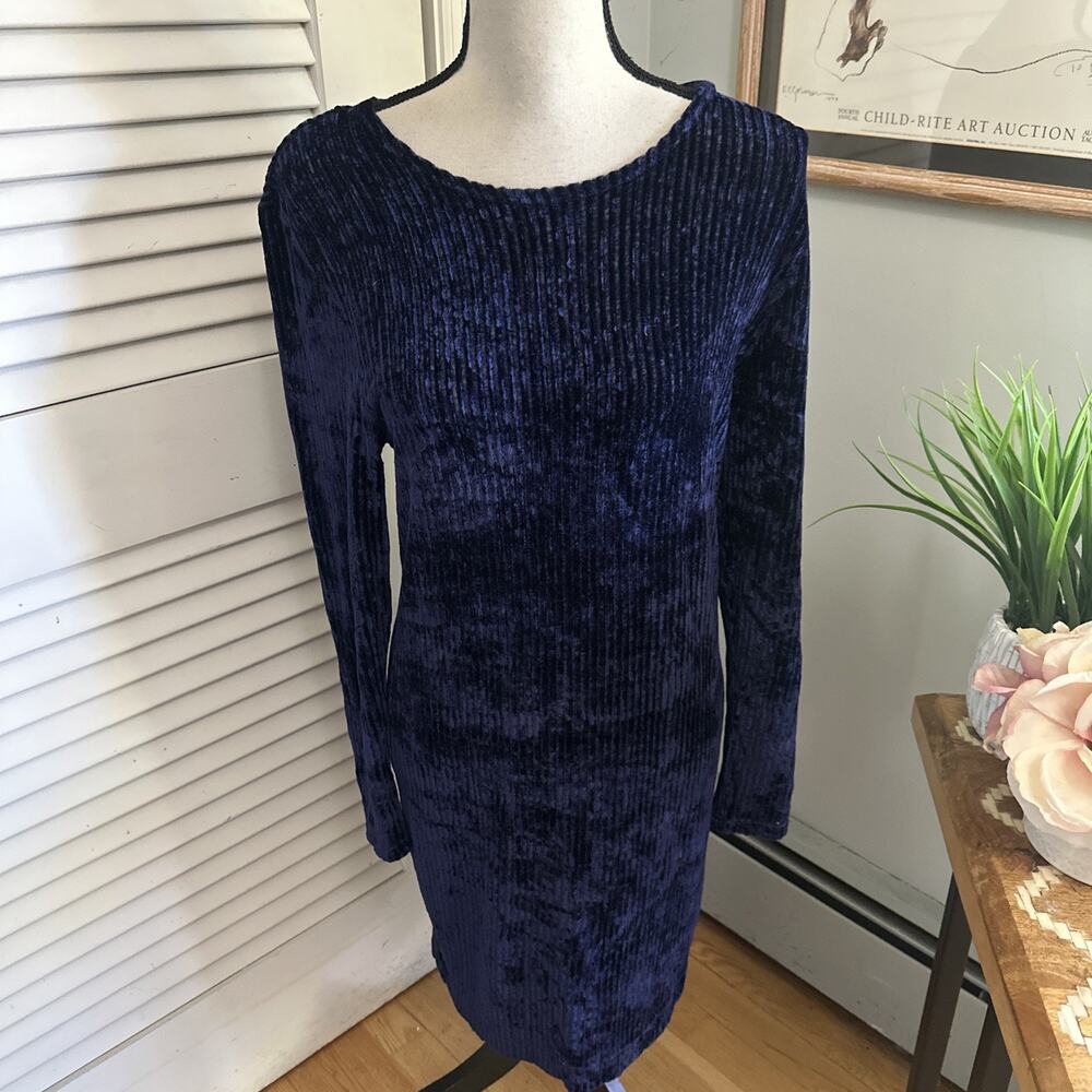 Vintage BETTINA BIEDEL Dress Womens Small Blue Ribbed Chenille Shift Retro 90s